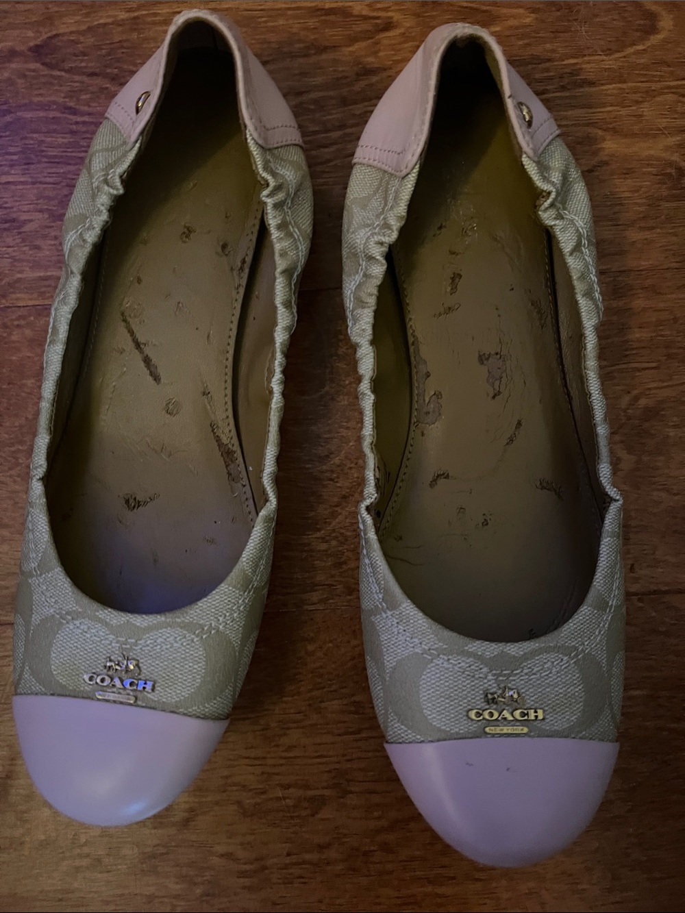 Coach Beige Signature Canvas Ballet Flats with Pink Toe Caps